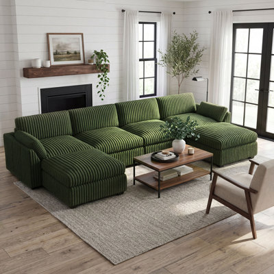 Plush Wide Corduroy Modular Sectional Sofa With Ottomans, L U Shaped Livingroom Sofa