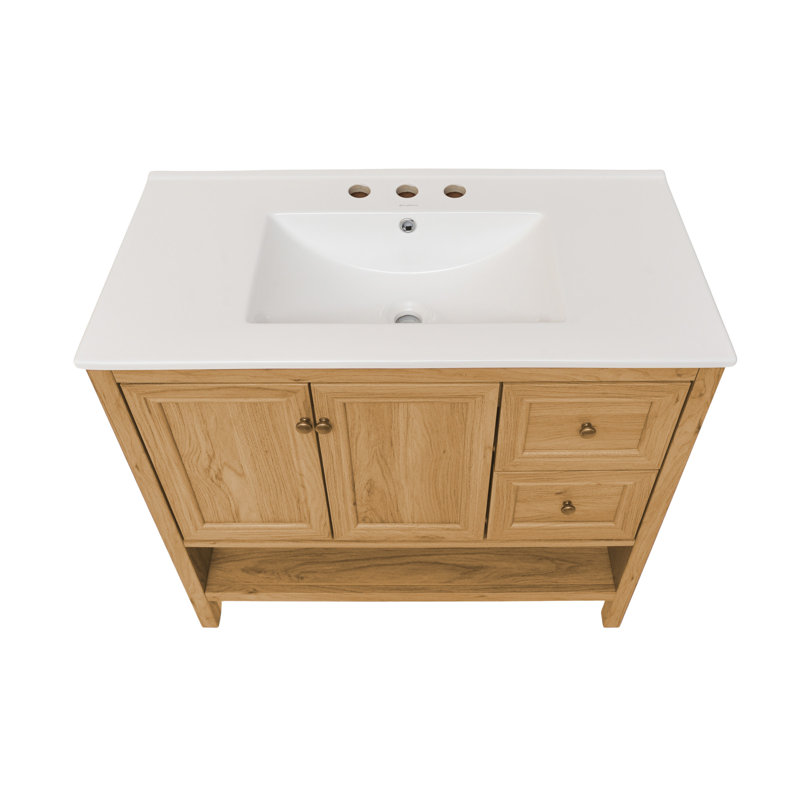 Chateau 36" Freestanding Bathroom Vanity in Golden Oak with 3-Hole Widespread Sink Top, White, 8" Widespread, Golden Oak