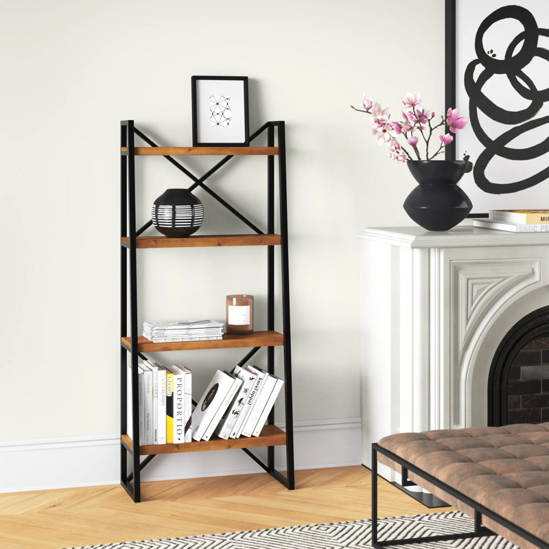 Modern Walnut Bookshelf with Metal Frame, 25.9 x 59.1 x 11.8 inches | 100% Pine Wood Construction | Wall-Mountable Design, Multiple Shelves for Extra Storage | Stylish and Functional for Home or Office Decor