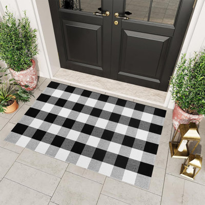 Fall Outdoor Rug Orange Plaid Outdoor Rug Hand-Woven Check Rug Layered Doormats For Front Door/Front Porch/Farmhouses/Entryway/Patio