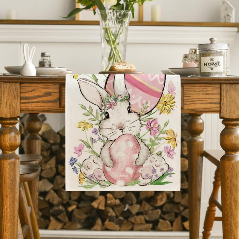 Bunny Rabbit Egg Flower Easter Table Runner, Seasonal Spring Kitchen Dining Table Decoration For Home Party Decor