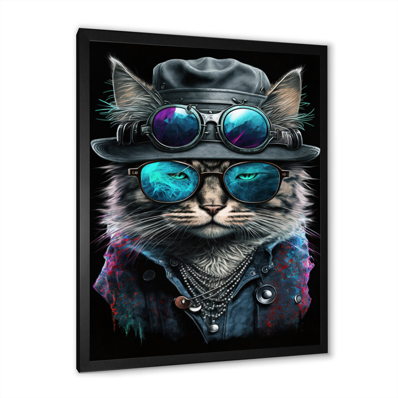 Art mural sur toile Cool Cat avec lunettes de soleil et chapeau III, L 24 po x H 32 po, Cadre photo noir