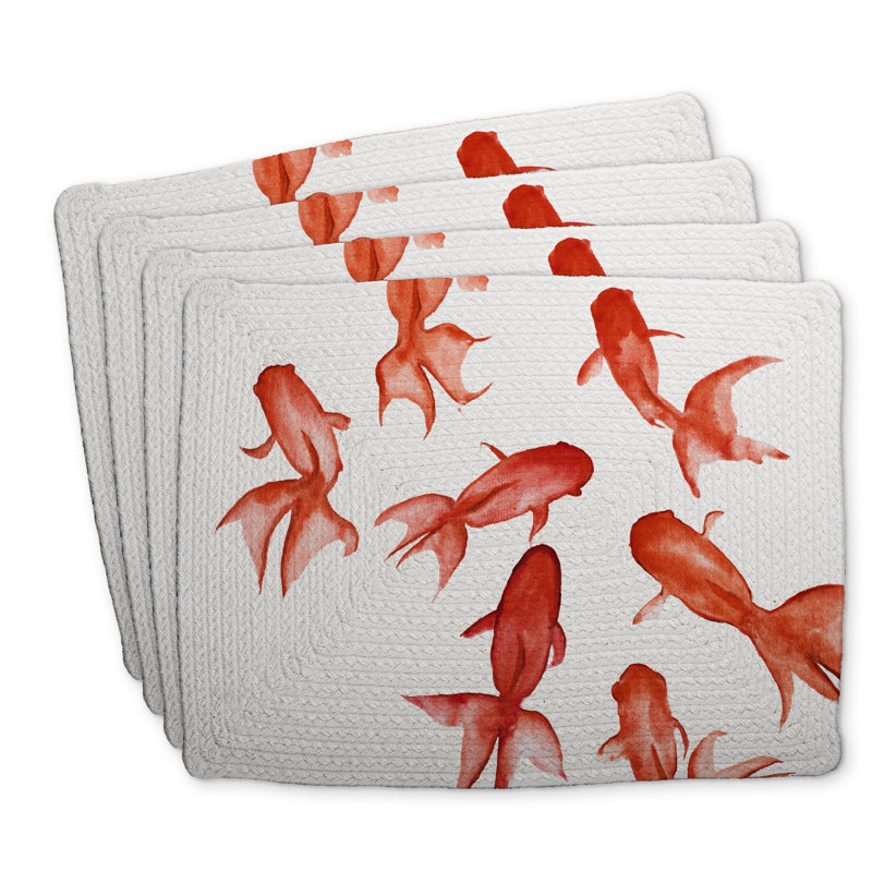 Ensemble de 4 napperons en polyester tressé Red Fishes | Décoration intérieure