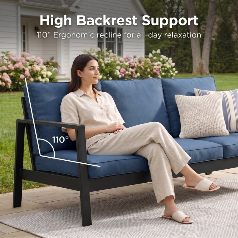 All‑Aluminum 3‑Person Outdoor Sofa for All Weather, Oversized Patio Sofa with 110° Ergonomic Backrest, Patio Seating with Removable Cushions for Backyard, Garden, Deck