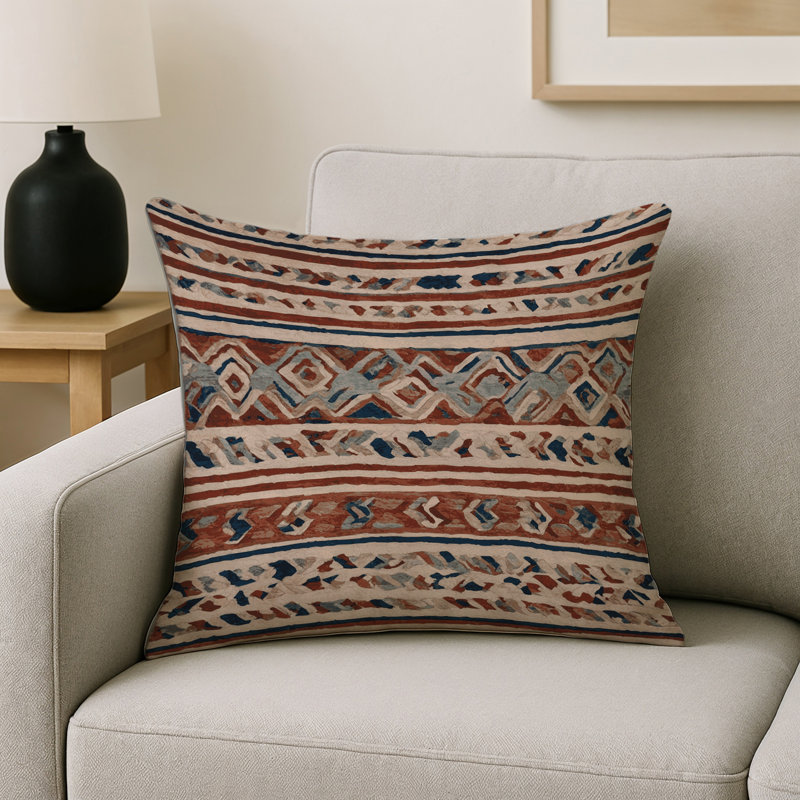 Coussin décoratif intérieur et extérieur Modern, Terre cuite / bleu marine / rayures ivoire, Carré 16 po