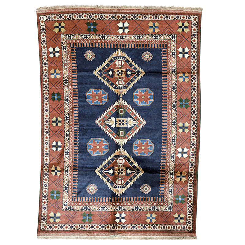 High-Quality Hand-Knotted Navy And Rust Area Rug