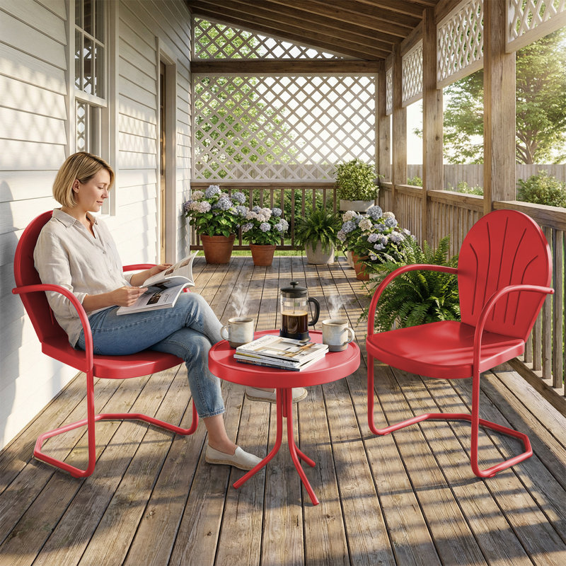 3-Piece Outdoor Bistro Set,Anti-Rust Metal Patio Table & 2 Armchairs, 350lb Capacity, Antifreeze and anti-drying Patio Dining Set for Balcony, Porch and Lawn,Red
