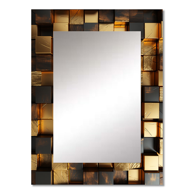 Black and gold abstract cubes I - Geometric Decorative Wall Mirror, Gold Large Mirror, Printed Metal Art, 32" x 24"