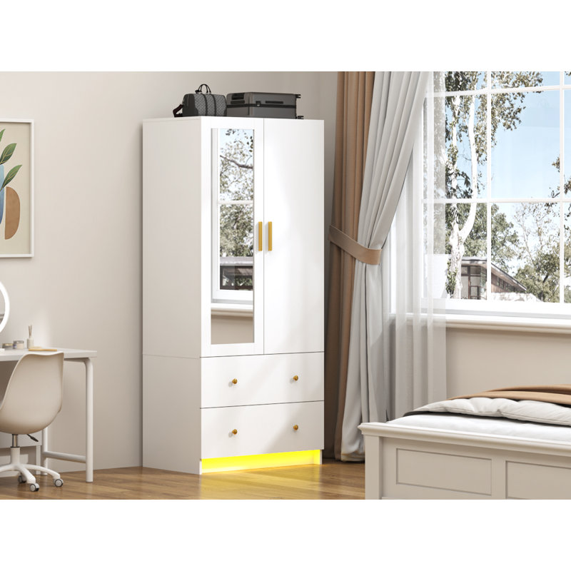 Armoire moderne à 2 portes avec miroir, 2 tiroirs et lumières à DEL rgb, penderie pour rangement dans la chambre à coucher