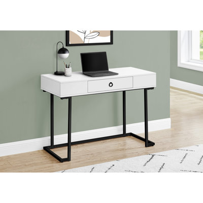Bureau d'ordinateur, bureau personnel, ordinateur portable, tiroirs de rangement, L 42 po, bureau, stratifié blanc brillant, métal noir, contemporain, moderne