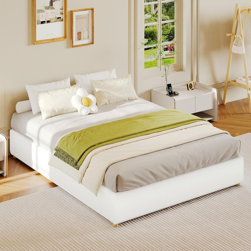 Minimalist Cloud Bed Frame Full Size - Corduroy Upholstered, Low Platform, Solidified Wood Round Legs, No Headboard, No Box Spring Needed, Quiet & Easy Assembly, White Corduroy, FULL Size