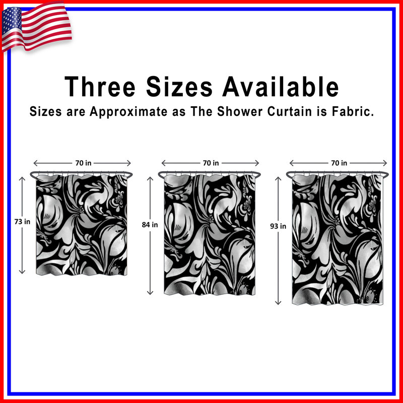 Rideaux de douche argentés à motif floral noir extra long, 70in W x 72in H