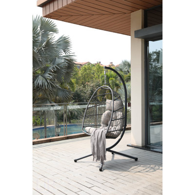 Beige Cushion Egg Chair With Stand, Outdoor Wicker Hanging Swing Chair With Cup Holder, Removable Guardrail And Cushions, Suitable For Balcony, Indoor And Outdoor Universal Leisure Hanging Basket, All, Chair