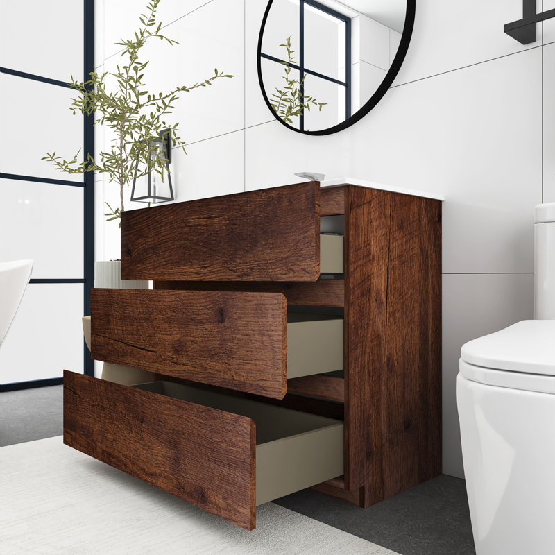 36 po Meuble-lavabo autoportant avec lavabo en céramique intégré, Brun