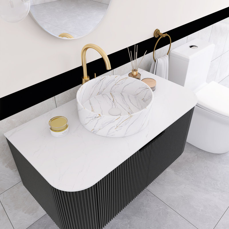 Meuble-lavabo flottant mural 36 po noir avec plateau en marbre artificiel blanc, Noir