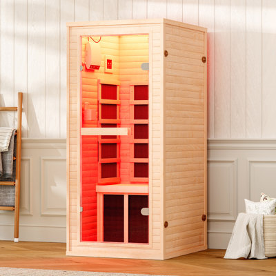 Indoor Infrared Sauna for 1 Person, 930W/110V Hemlock Wood Sauna with Tourmaline Stone foot Heater, 7-Color Light Therapy, Dual Bluetooth Speaker, Easy Assembly – Compact Indoor Spa 27.2"x32.3"x61"