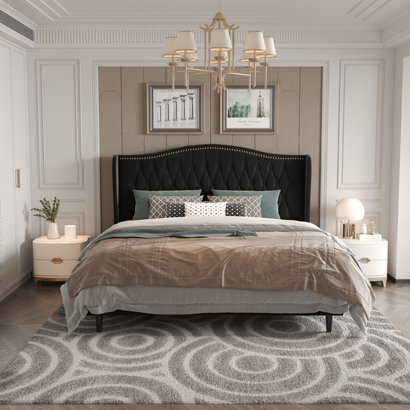 Upholstered Tufted Headboard Bed Wingback Bed, King, Black