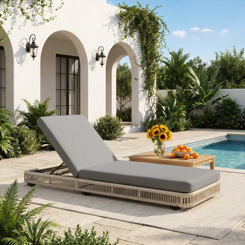 Adjustable Poolside Chaise Lounge with Woven Rope, Thick Cushion, and Sturdy Iron Frame for Pool, Beach, or Patio Relaxation