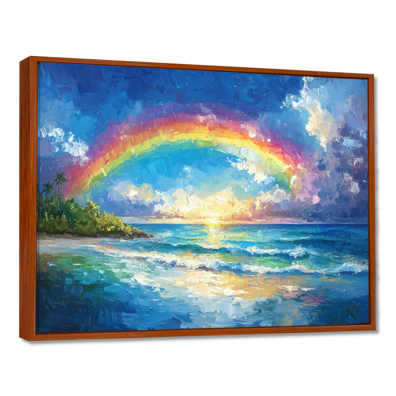 Arc-en-ciel dans les îles tropicales - art mural arc-en-ciel, H 16 po x l 32 po, Cadre flottant brun