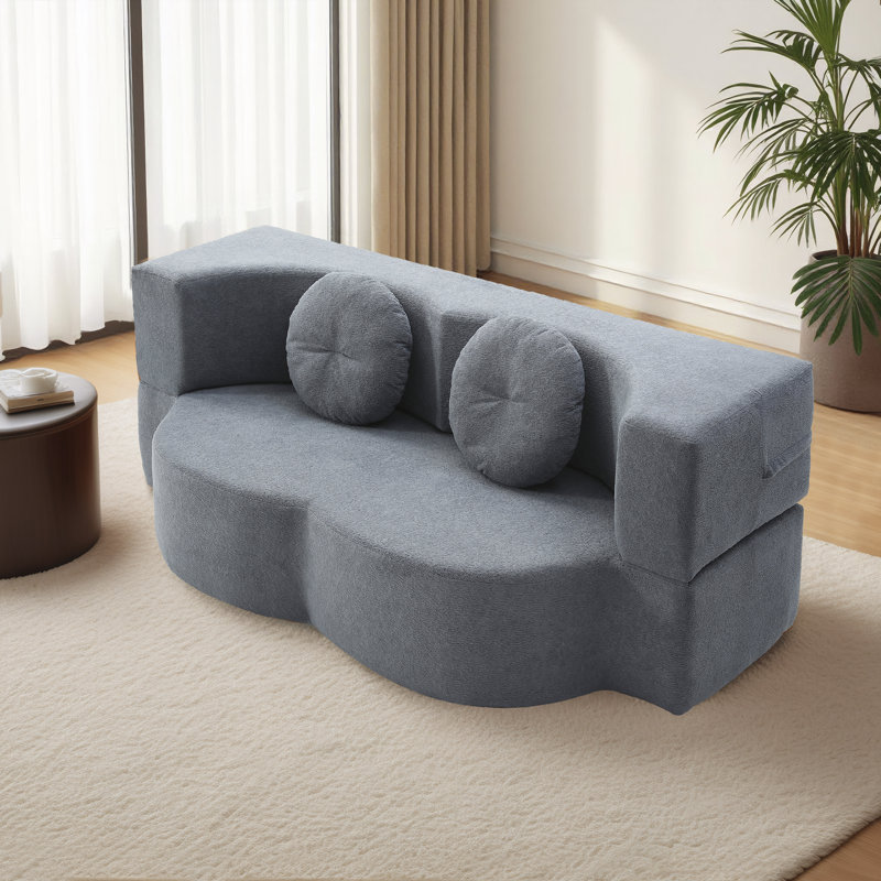 Boneless 75.5" W Compression Floor Sofa Bed Convertible Velvet Boneless Sleeper Couch Futon Loveseat With Folding Design & Pillows, No Assembly Required