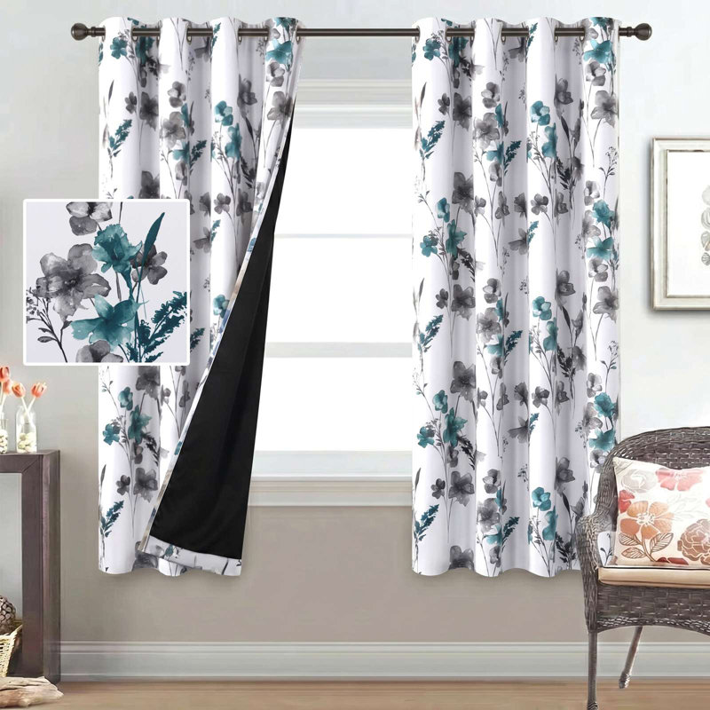 Peshy Floral 100% Blackout Grommet Curtain Panel Pair, Blue/Gray, 63"L x 52"W