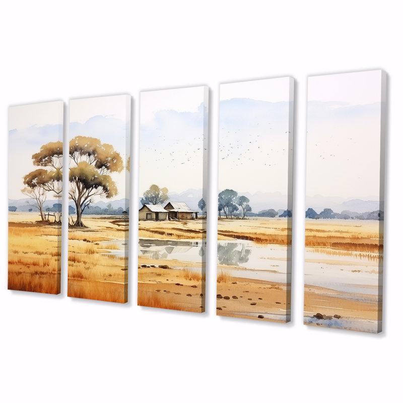 «Beige African Safari Landscape III - Afrique», art mural 5 pièces, H 28 po x l 60 po
