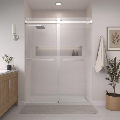 Catalyst 50"- 54" W x 76" H Double Sliding Frameless Shower Door in Brushed Nickel with 3/8" Clear Glass