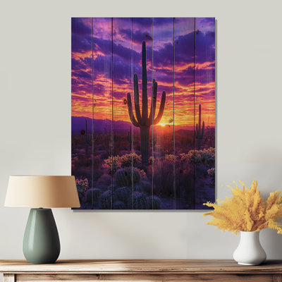 Cactus du désert au coucher du soleil I - décoration murale en bois de cactus floral - sur bois de pin naturel