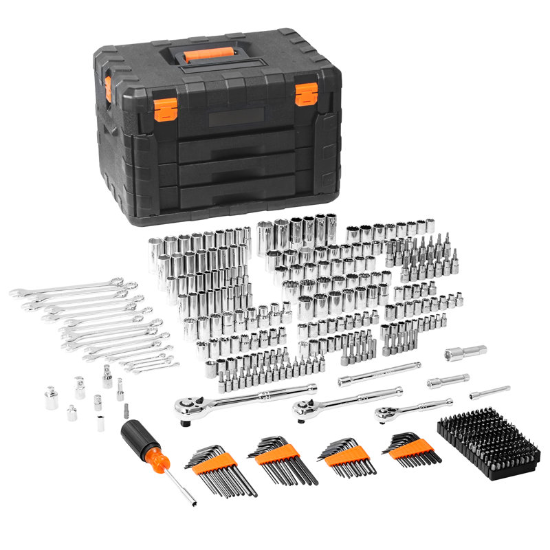 Mechanics Tool Of 450 Pcs, 1/4" 3/8" 1/2" Drive Sockets, And Metric Tools, Bits, Wrenches, Combination Wrench, Accessories In Storage Case, Silver Aluminium Alloy For Diy Car Installation Pcs Socket