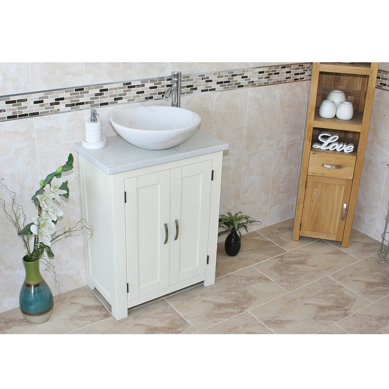 Roberge 650mm Single Bathroom Vanity with Vessel Stone Basin, White Quartz, White, White