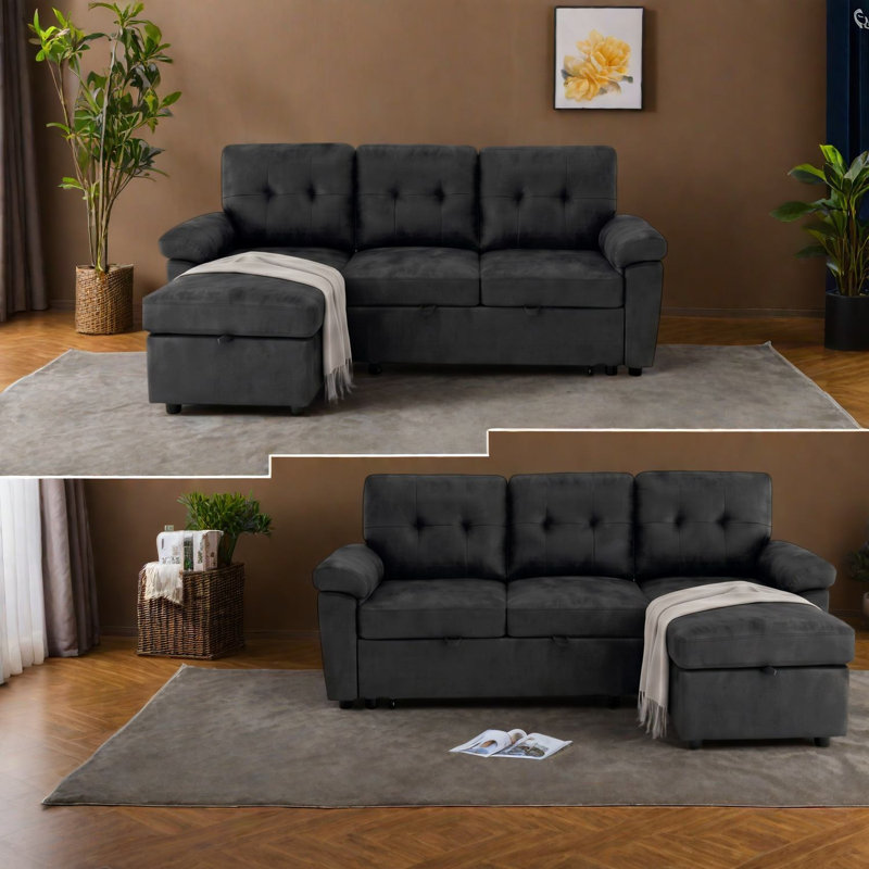 Canapé d'angle convertible avec rangement, canapé moderne en bois et tissu de 225 cm pour la maison, Noir