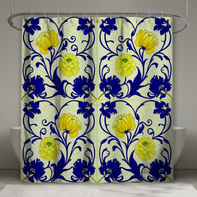 Rideaux de douche jaunes et bleus à motif floral extra longs