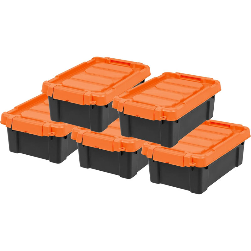 3 Gallon Lockable Storage Bins With Lids, 5 Pack - , Heavy Duty, Stackable Containers, Garage Organizing Bins Moving Tubs, Rugged Sturdy Equipment Utility Box - Black/Orange