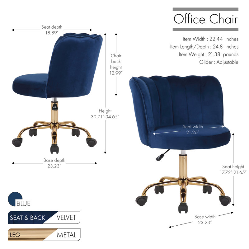 Chaise de bureau en velours Luciean, Bleu