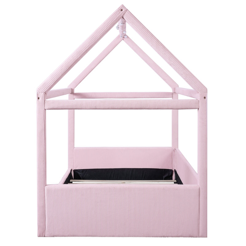 Full Size Upholstered Pink Daybed In House Design With 2 - Color Touchable Led Solid Frame, Vertical Striped Corduroy Lighting Adorable Shape, Easy Assembly