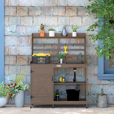 Wooden Potting Bench, Outdoor Potting Table with Storage Cabinet, Storage Shelves, Sink, Water Tap for Backyard, Patio, Balcony, Dark Brown