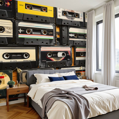 Peel and Stick Wallpaper vintage audio cassettes beige musical grunges Music Wall Murals 100"H x 144"W Removable PVC Wall Paper Self-Adhesive Wall Decor for Bedroom Living Room Home Office