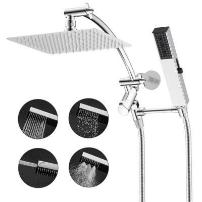 Combo pomme de douche à effet de pluie / douche à main en métal certifié haute pression de 10 pouces, pulvérisateur à main à 4 réglages, bras d'extension incurvé réglable de 12 pouces, tuyau de douche en acier inoxydable de 71 pouces, support de douche à main, chrome