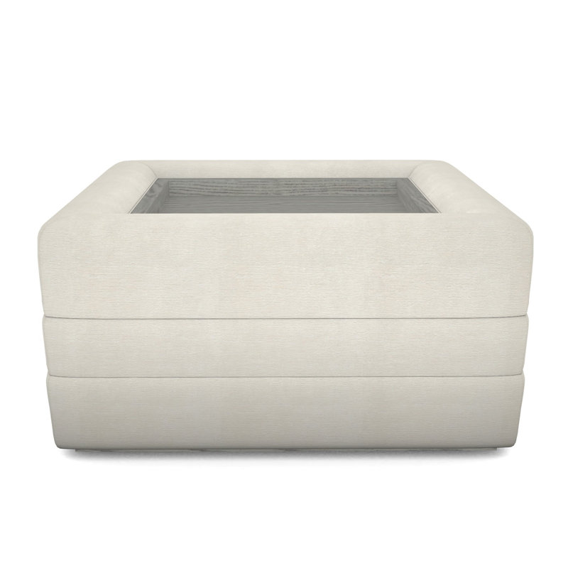Boyden Ottoman with Wood Tray, Nadia Parchment, Dove Gray