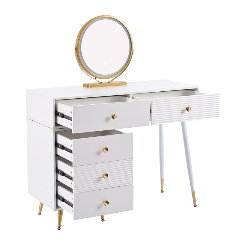 Bayro White Dressing Table with LED Mirror and Adjustable Side Cabinet
