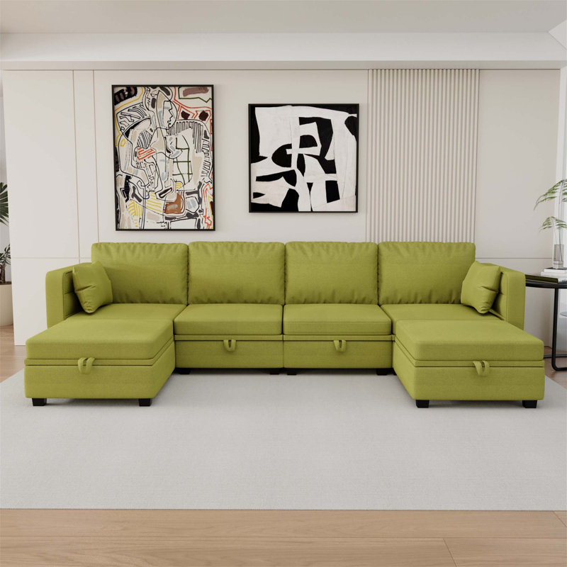Wide Reversible Modular Sofa & Chaise with Ottoman, Olive Linen