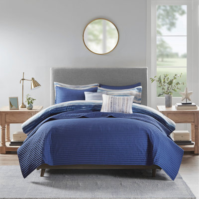 8 Piece Printed Seersucker Comforter And Quilt Set Collection Blue Full/Queen
