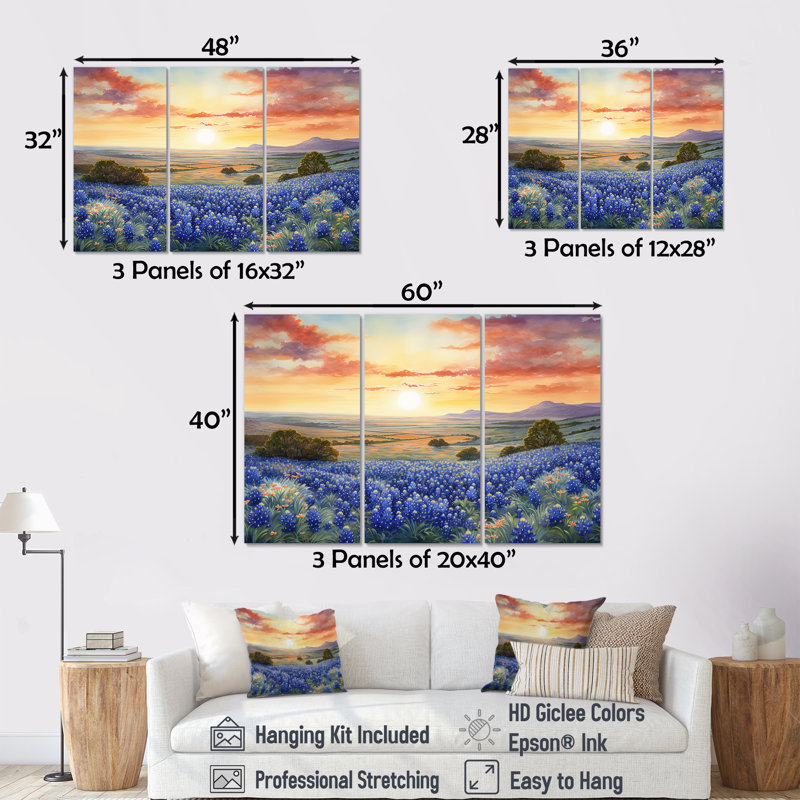 Blue Bonnets Sunset II - ensemble de décorations murales Blue Bonnets, Toile tendue, H 40 po x l 60 po x P 1 po