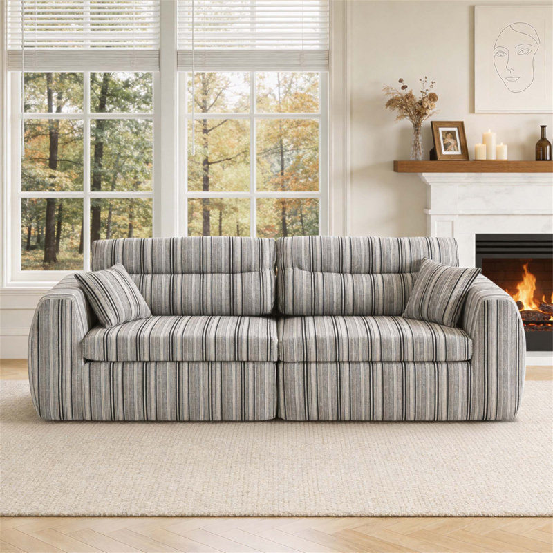 Canapé tissé à compression en chenille rayée, canapé compact à rangée droite avec éponge haute densité, canapé économiseur d'espace requis sans assemblage pour salon, appartement, bureau