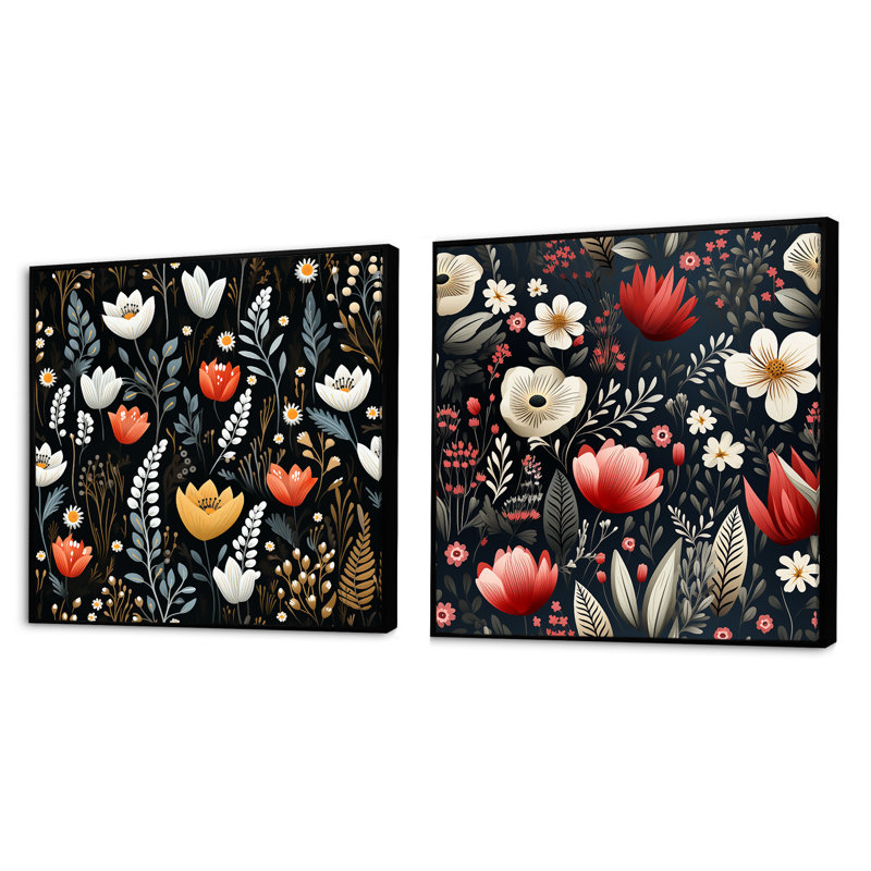Jepson - Ensemble de 2 collages carrés botaniques abstraits, Cadre flottant noir, H 16 po x l 33 po