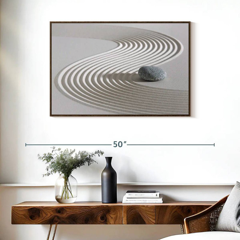 Pierre zen sur sable, 37 po x 25 po, Cadre flottant noyer