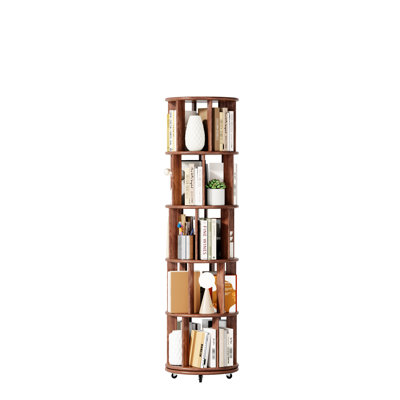 5 Tier 360 Revolving Solid Wood Bookshelf On Wheels, Ideal For Bedroom, Living Room, Study, Walnut Shade, Detachable Levels, Easy - Roll Wheels And Installation Support Round Spinning Rotating ,