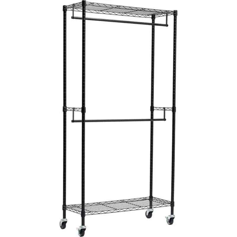 Support à roulettes robuste et ajustable avec roulettes, double tringle de suspension, étagère de rangement en métal à 3 niveaux, noir, 35,5 po x 16,5 po x 72 po