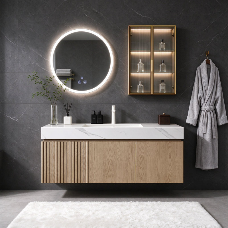 Meuble-lavabo mural de luxe de 122 cm (48 po) avec lavabo et meuble-lavabo suspendu moderne en pierre frittée.