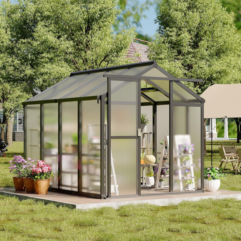 Dark Grey 6x8 Ft Aluminum Walk-in Greenhouse with Roof Vent and Lockable Sliding Door, Heavy-Duty Polycarbonate for Garden, Backyard or Patio